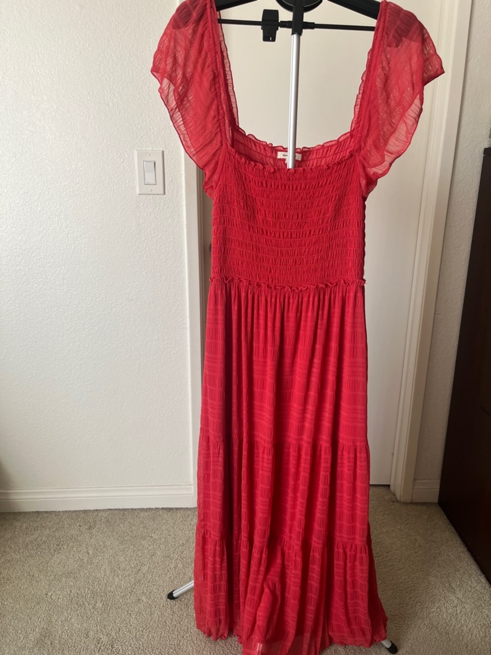 Max Studio Red Maxi Dress with Smocked Bodice and Flutter Sleeves
